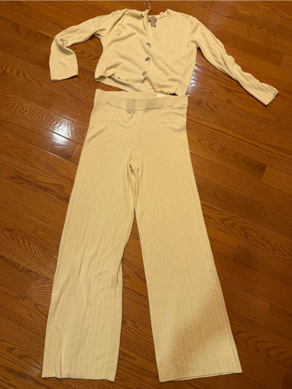 H&M Cream Ribbed Wide-Leg Jumpsuit Set small top meidum bottom